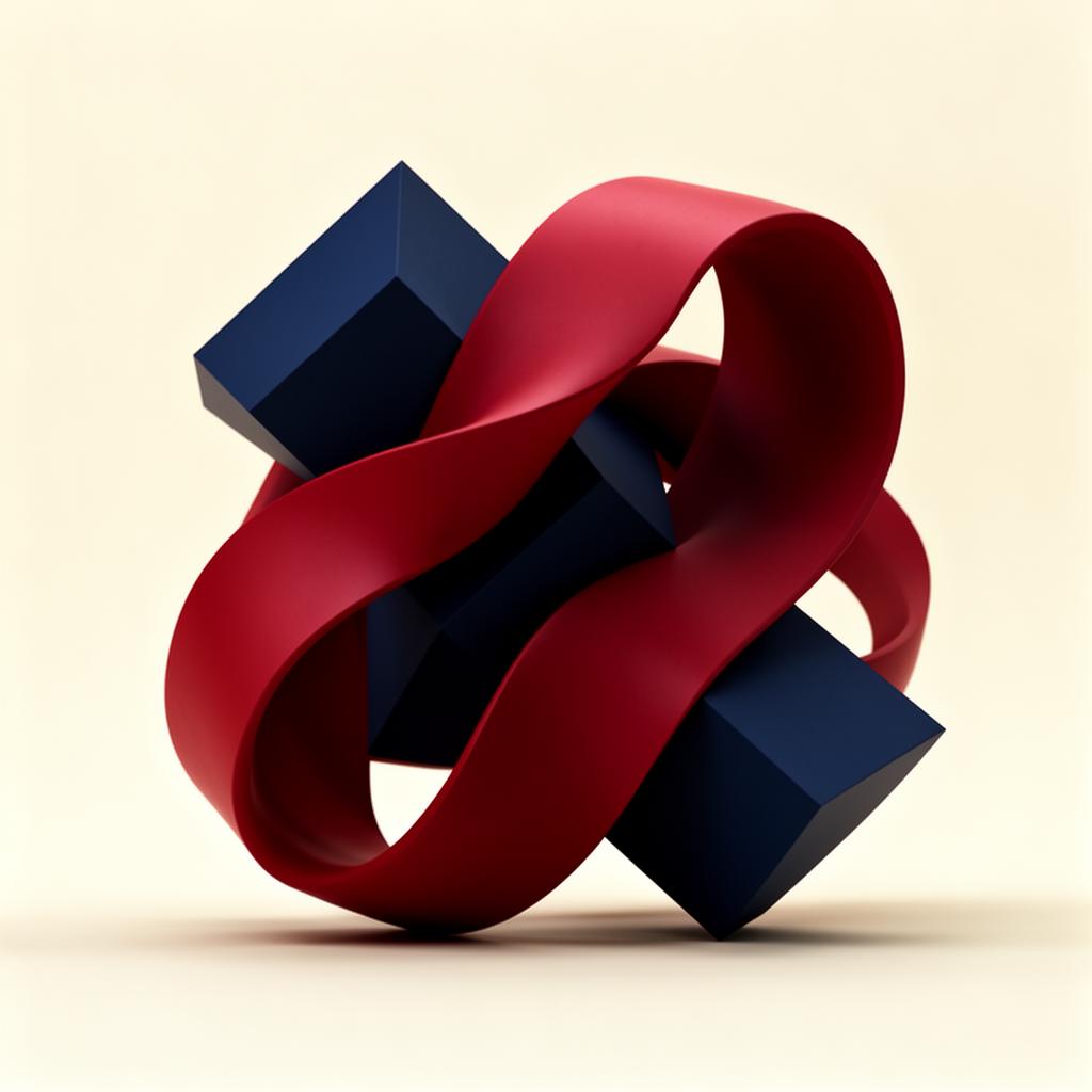 Abstract sculpture of intertwined navy blocks and a crimson ribbon, representing strategy meeting creativity